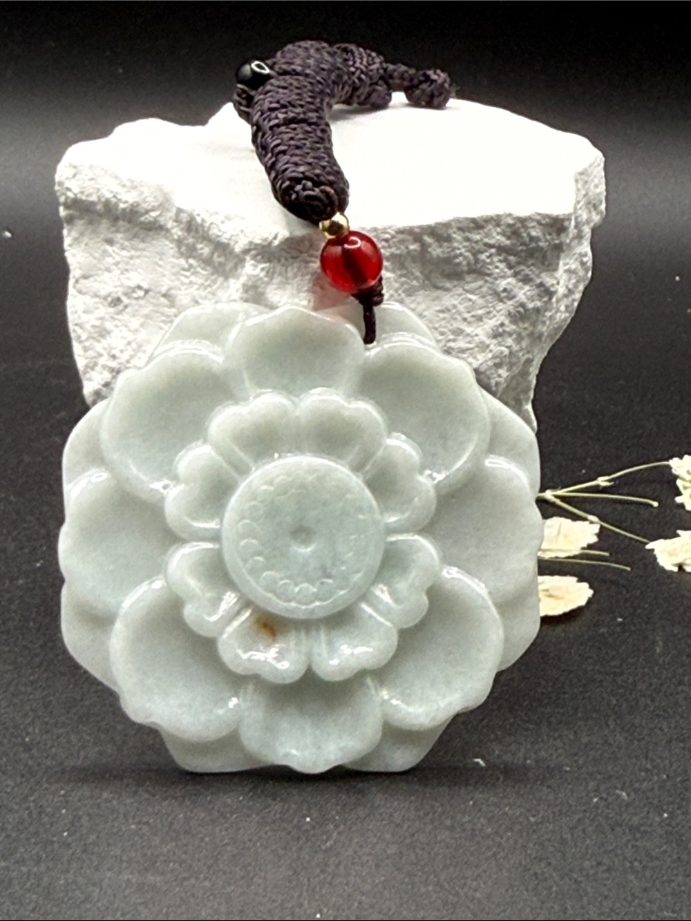 Handcrafted White Jade Floral Pendant Necklace with Red Accent